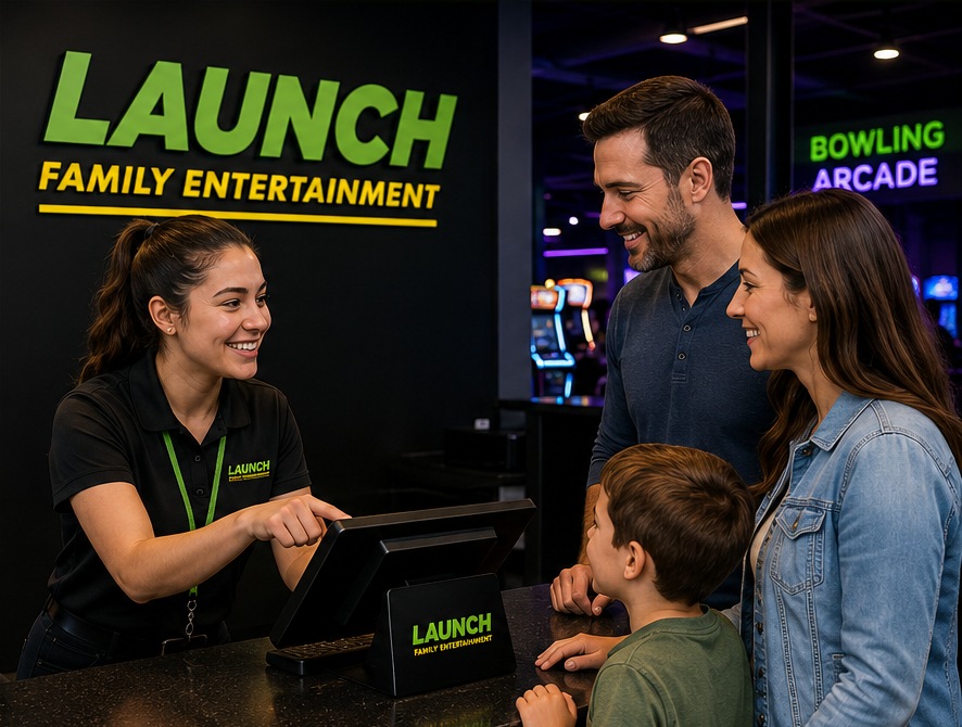 Cashier greeting family at check-in