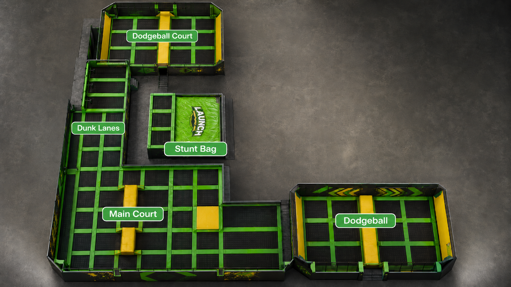 Overhead trampoline park map zooming from Main Court to the full attraction zone.
