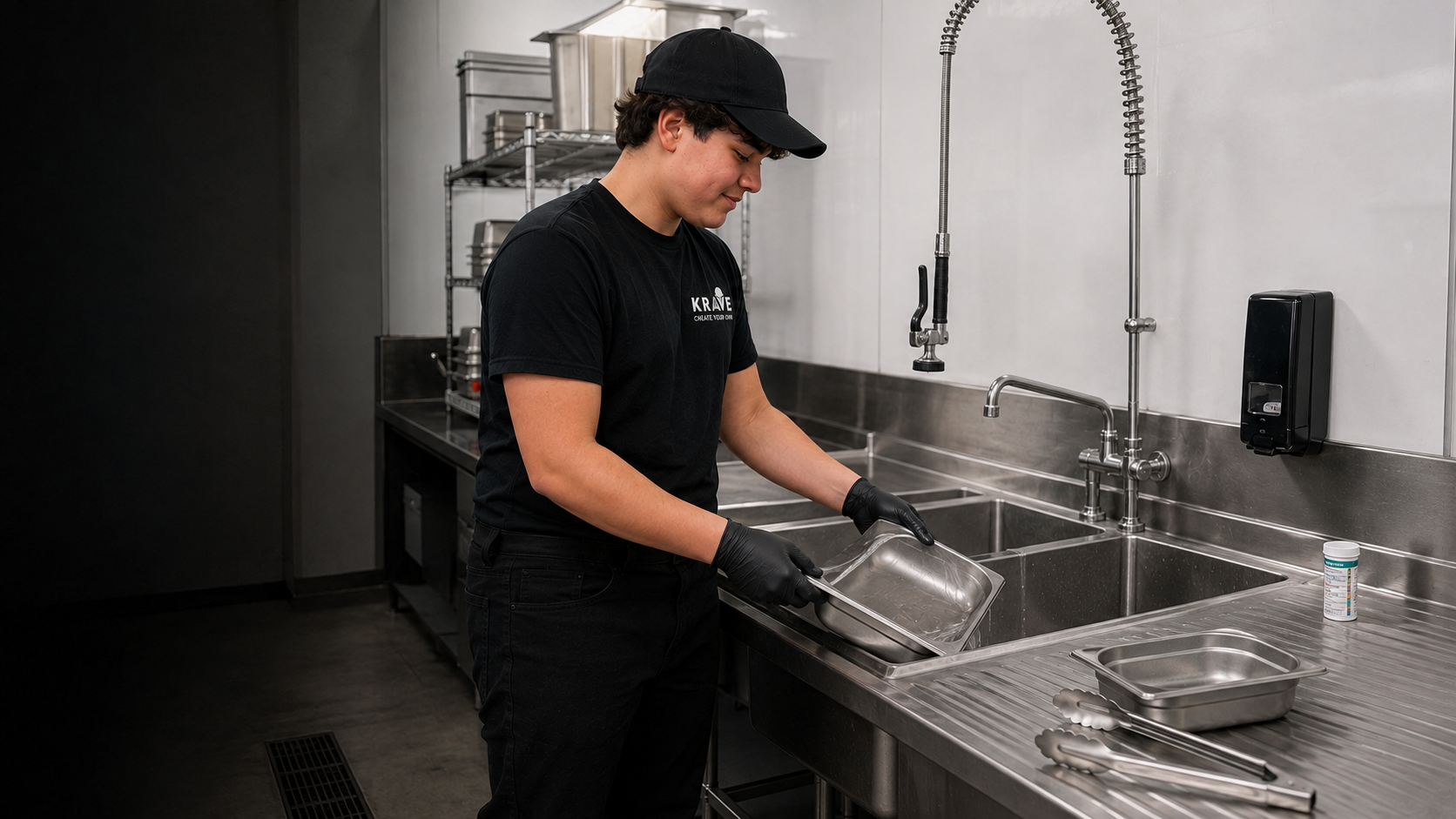 Teenage Krave employee working at a commercial three-compartment sink in a white-FRP back-of-house kitchen
