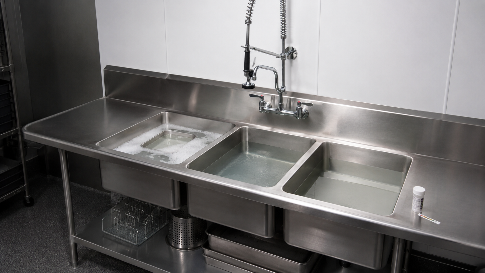 Proper commercial three-compartment sink with separate wash, rinse, and sanitize basins