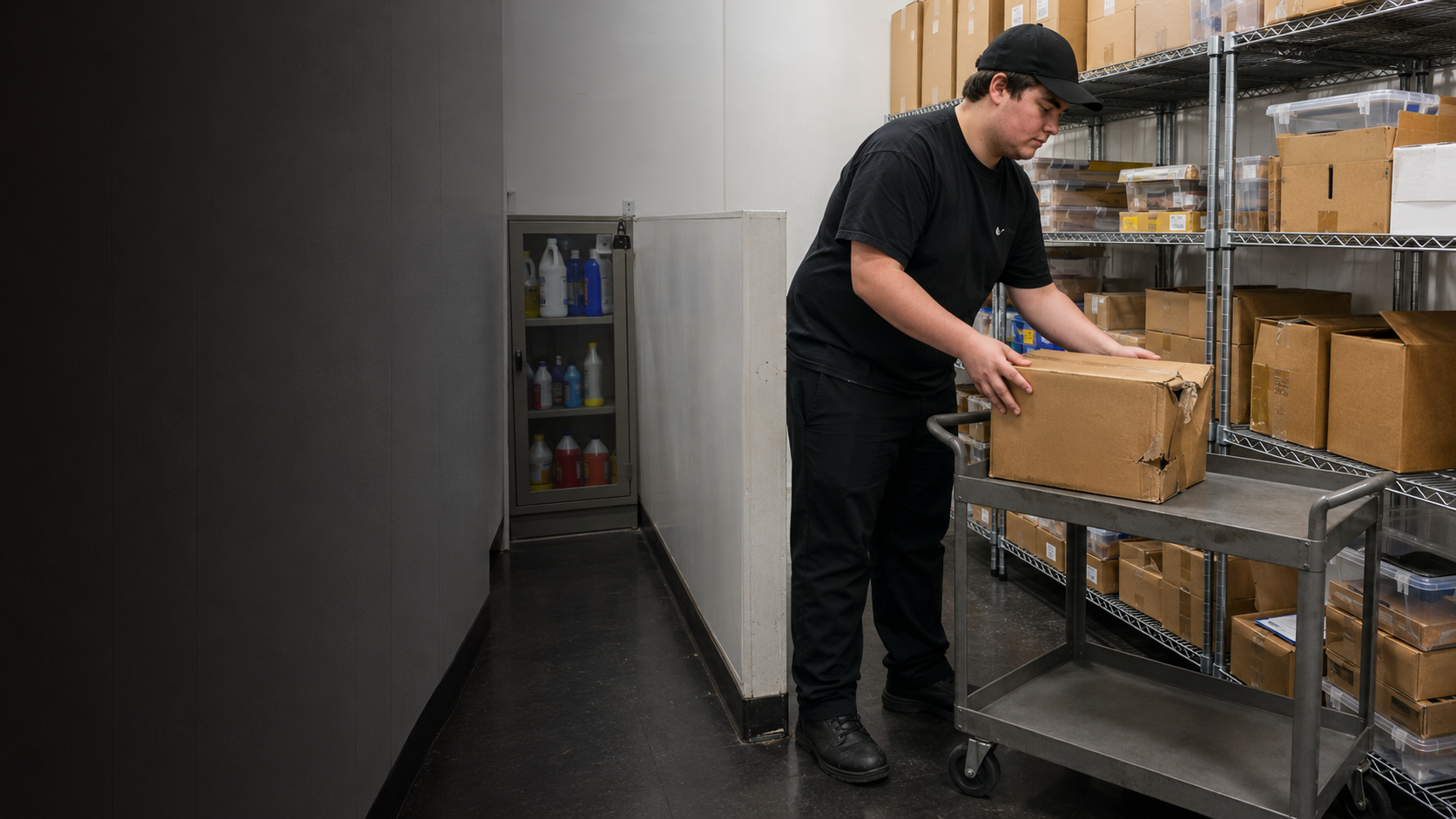 Teenage Krave employee moving a damaged dry-food case to a separate inspection cart