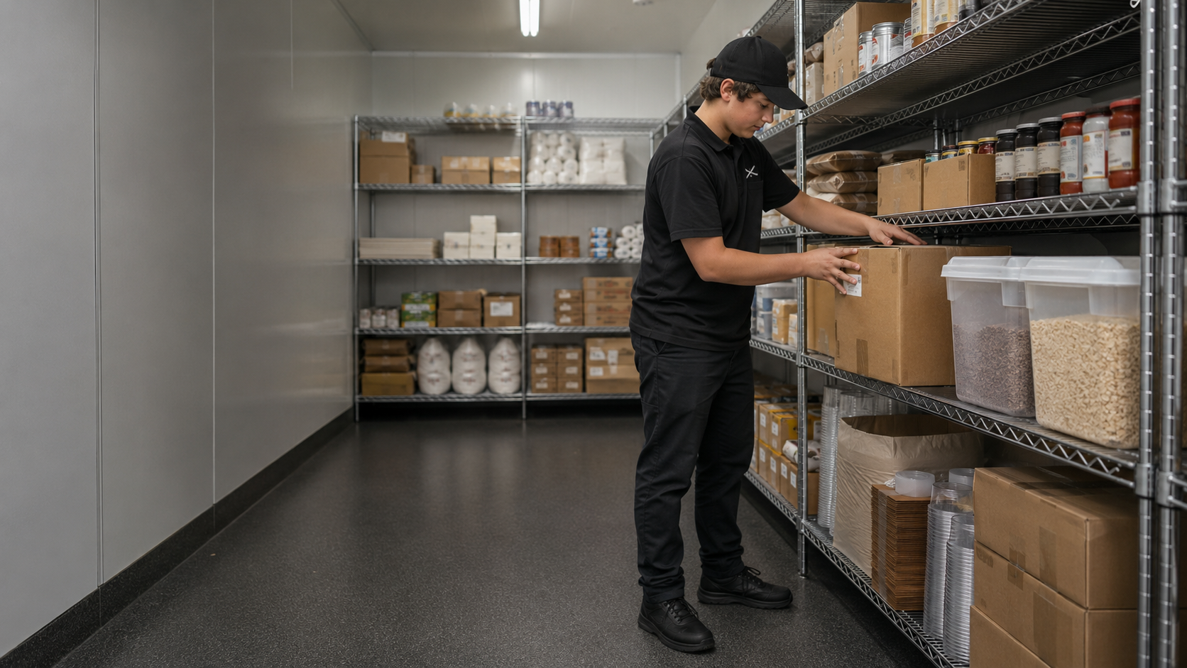 Teenage Krave employee rotating organized food cases in a clean dry-storage room