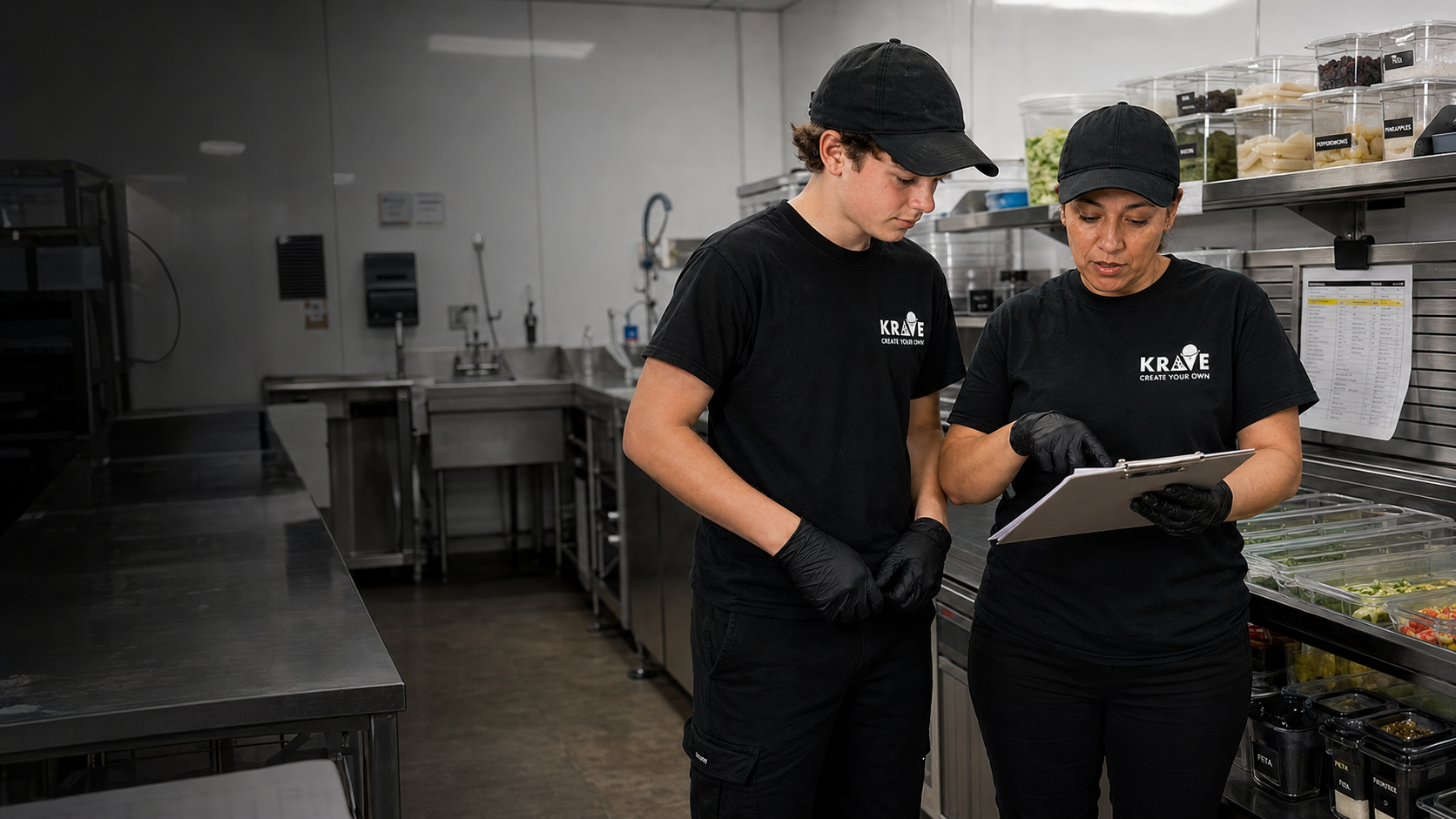 Teenage Krave trainee reviewing a food-safety line check with an adult trainer in a white-FRP back-of-house kitchen