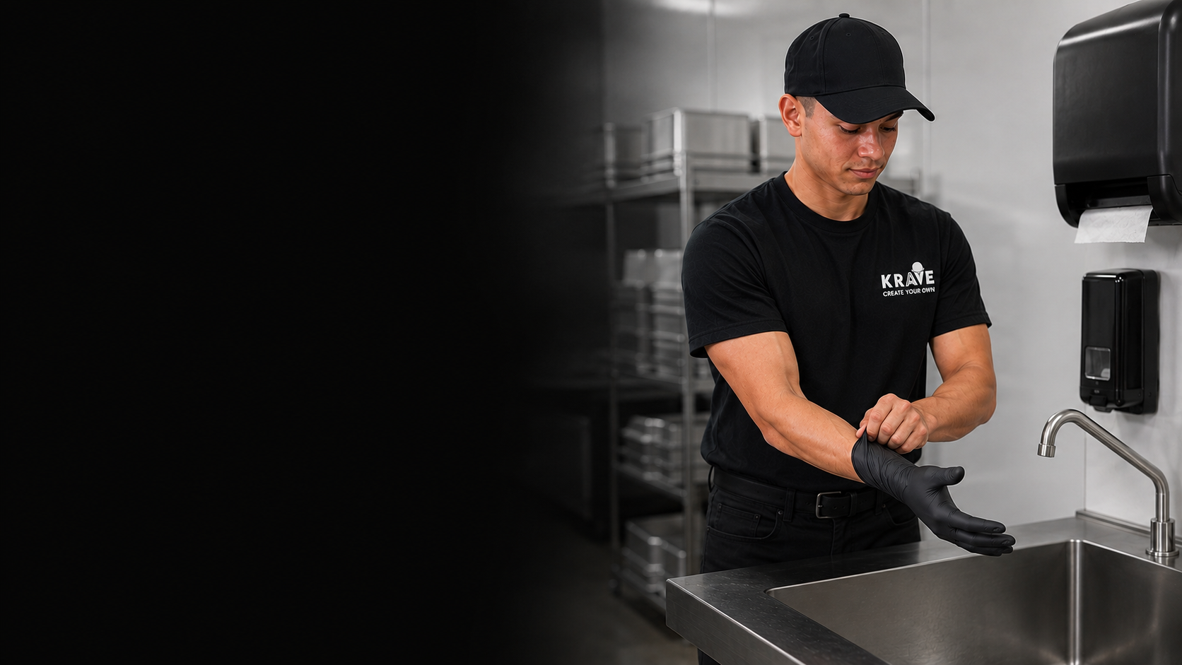 A Krave employee putting on a new single-use glove after thoroughly washing and drying hands