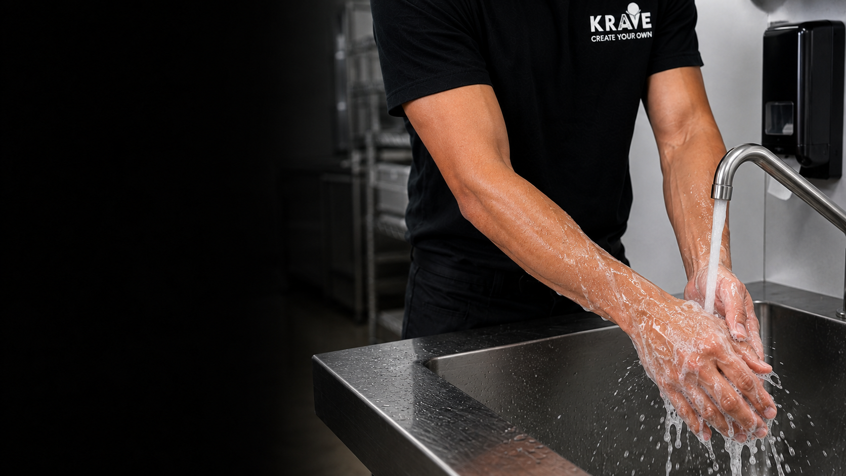 A Krave employee rinsing soap from hands and forearms under running water