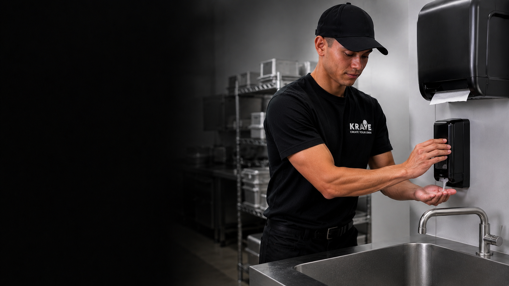 A Krave employee applying soap from the handwashing-station dispenser