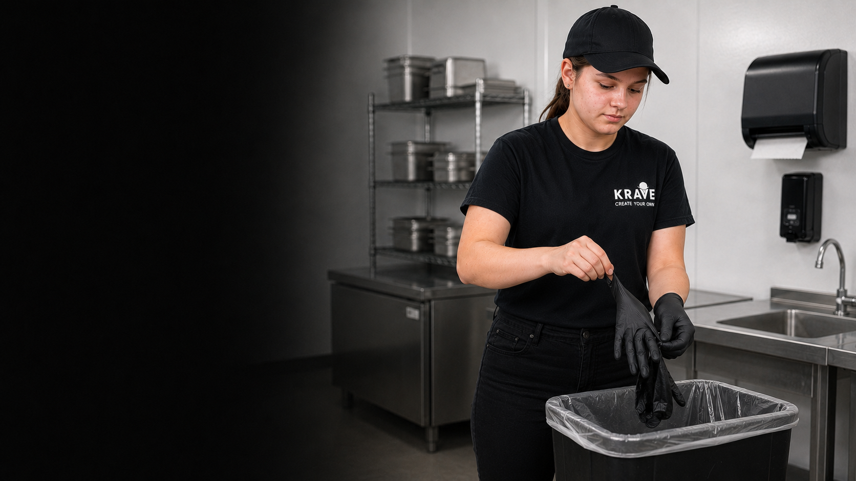 A teenage Krave employee removing used gloves over a lined trash bin