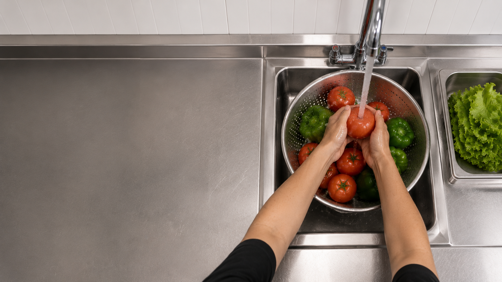 Whole tomatoes and green peppers being rinsed under cool running water in a clean stainless colander