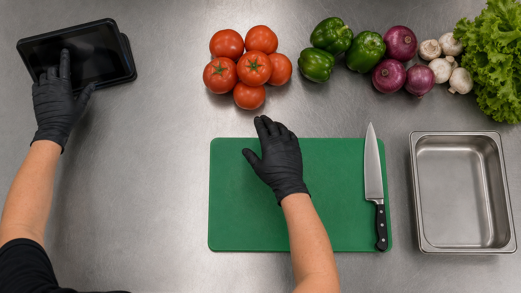 Fresh produce beside a tablet and food-preparation tools at a Krave station