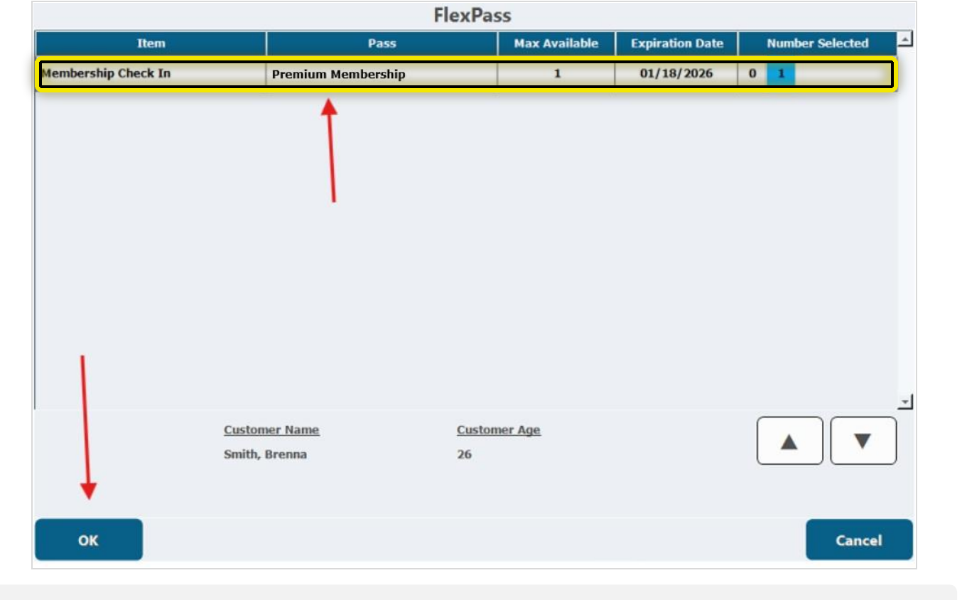 CenterEdge FlexPass screen with the membership pass row highlighted