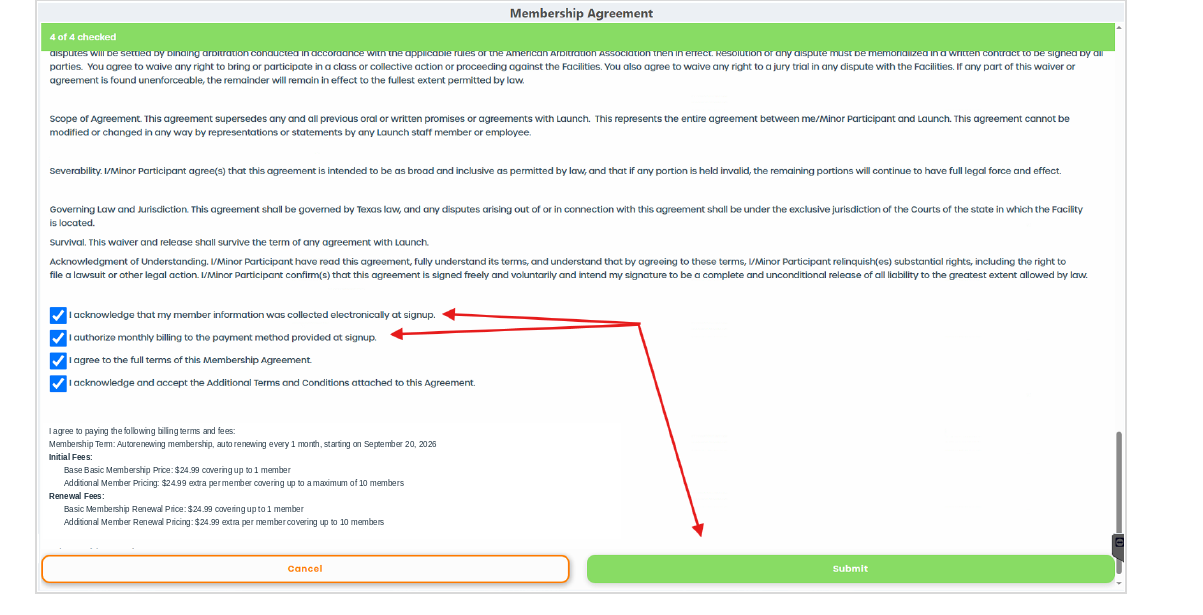 CenterEdge Membership Agreement screen