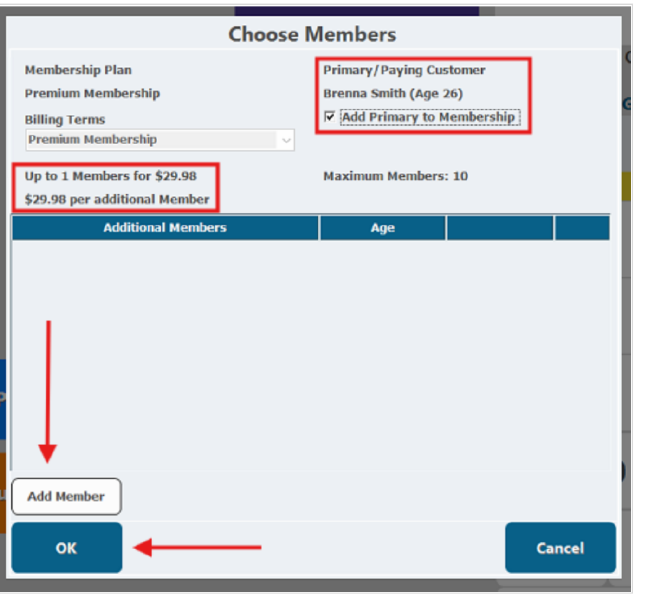 CenterEdge Choose Members screen showing Add Primary to Membership
