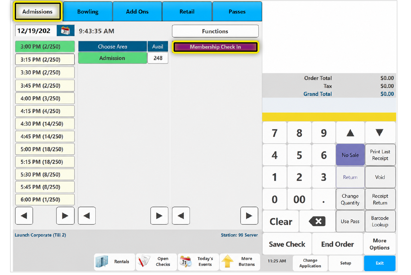 CenterEdge Admissions screen with Admissions and Membership Check In highlighted