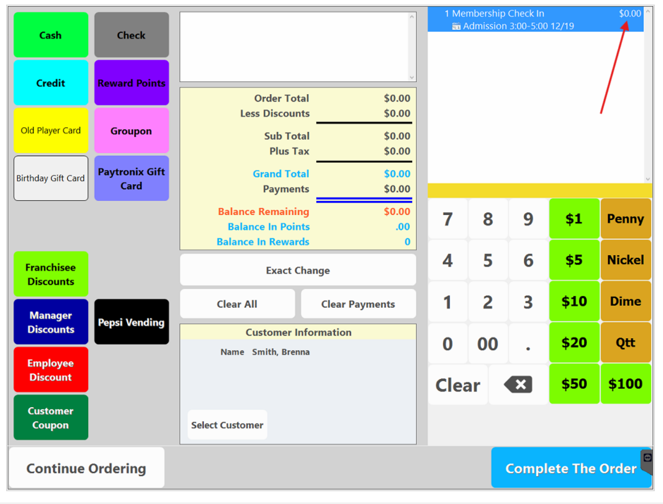 CenterEdge payment screen showing zero-dollar Membership Check In and Complete The Order