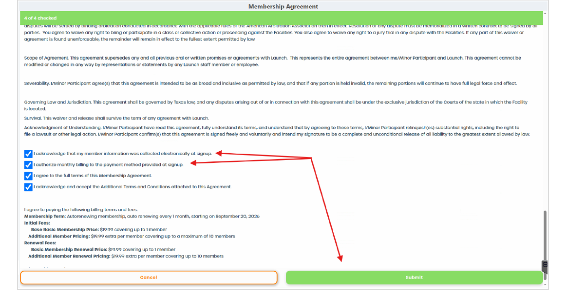 CenterEdge Membership Agreement screen