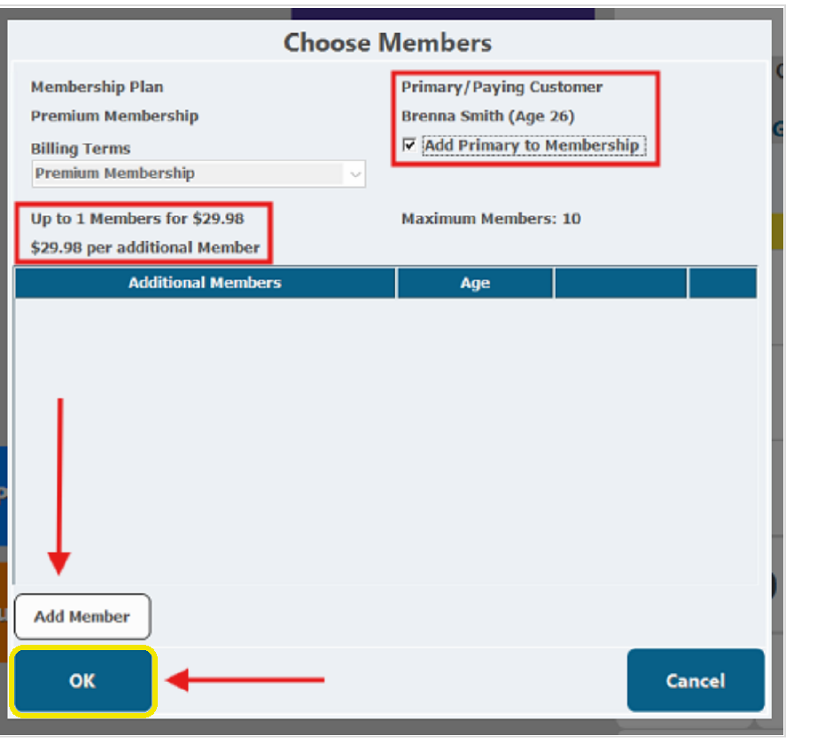 CenterEdge Choose Members screen with the OK button highlighted
