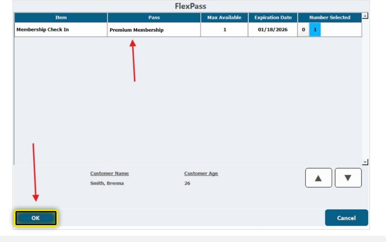CenterEdge FlexPass screen with the OK button highlighted