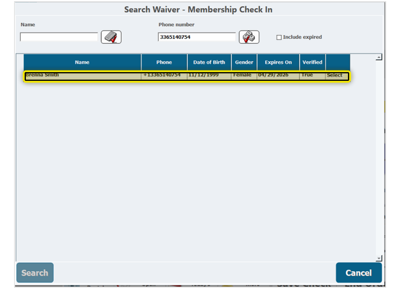 CenterEdge Search Waiver screen with the selected member row highlighted